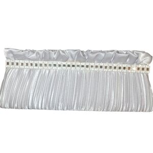 Silver Metallic Evening Clutch with Scrunched Pleated Fabric and Rhinestone Trim